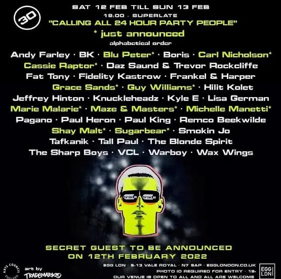 Club event lineup flyer listing Carl Nicholson